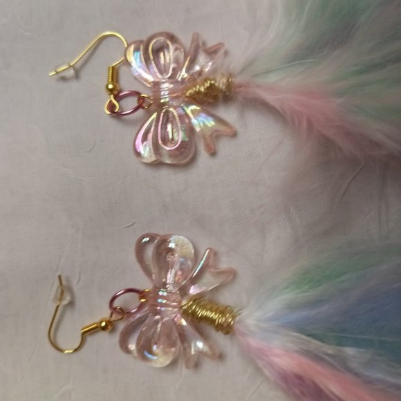 Home Made Handmade Feather & Metal Cat Multi Color Bow Earrings #41 - Picture 3 of 10